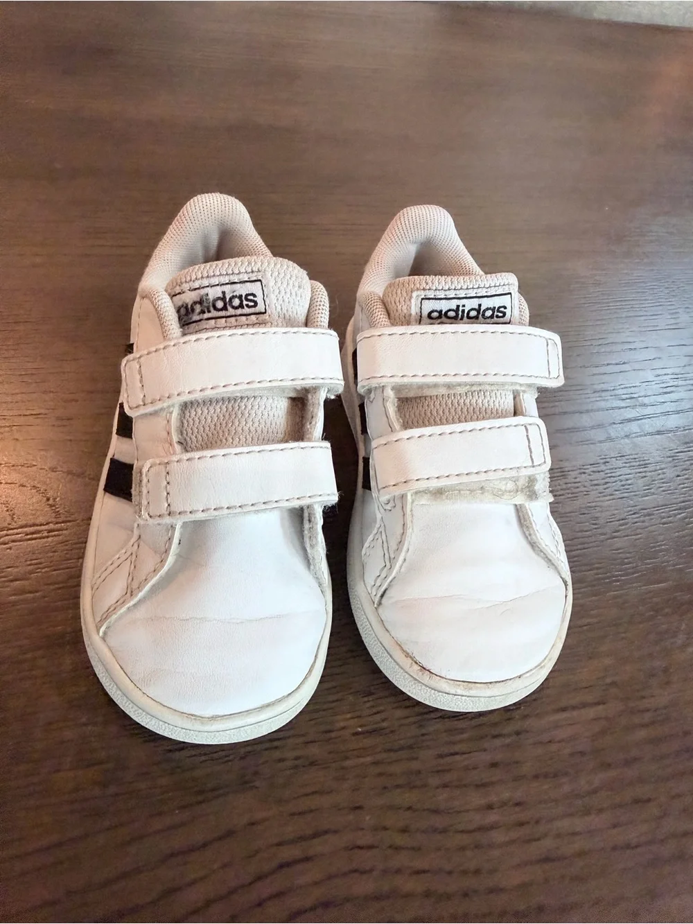 6K Adidas White and Black Kids Velcro Sneakers